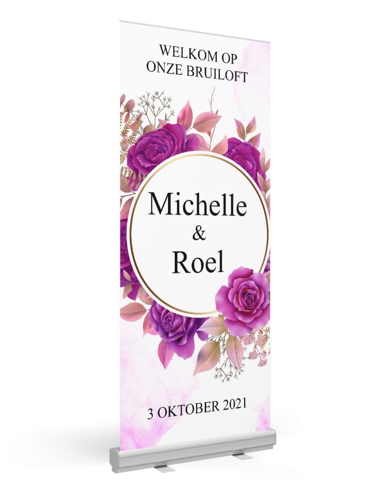 Purple Roses Bruiloftbanner - Bruiloftbanner.nl - Het nieuwe welkomstbord voor iedere bruiloft!